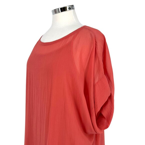 Eileen Fisher Sheer Overlay Top Tunic Length Short Sleeve Rust Peach Size Large - Picture 4 of 10